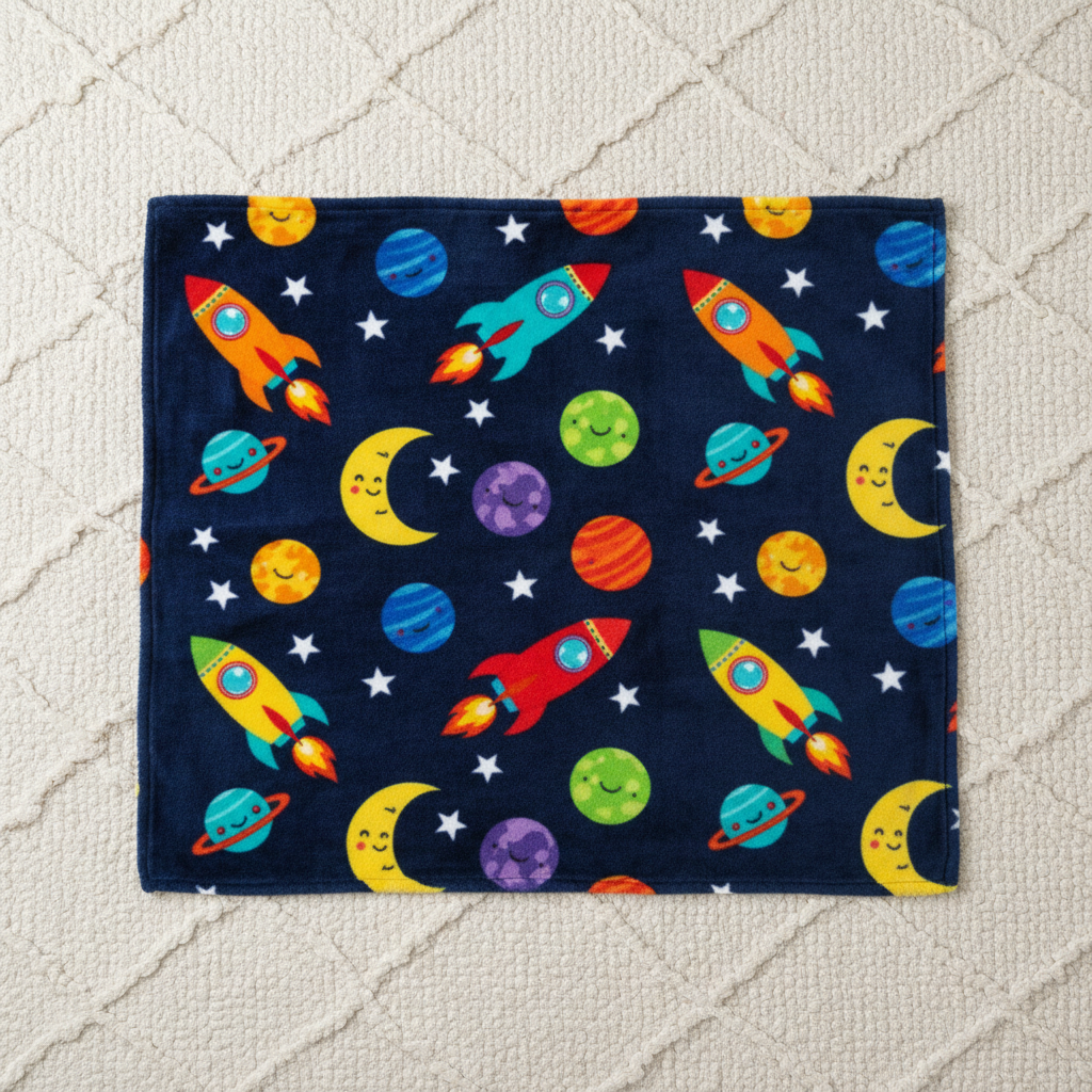 Kids blanket design made with AI: a fleece throw printed with cartoon rockets, stars and planets on a deep navy ground, photographed flat on a nursery rug