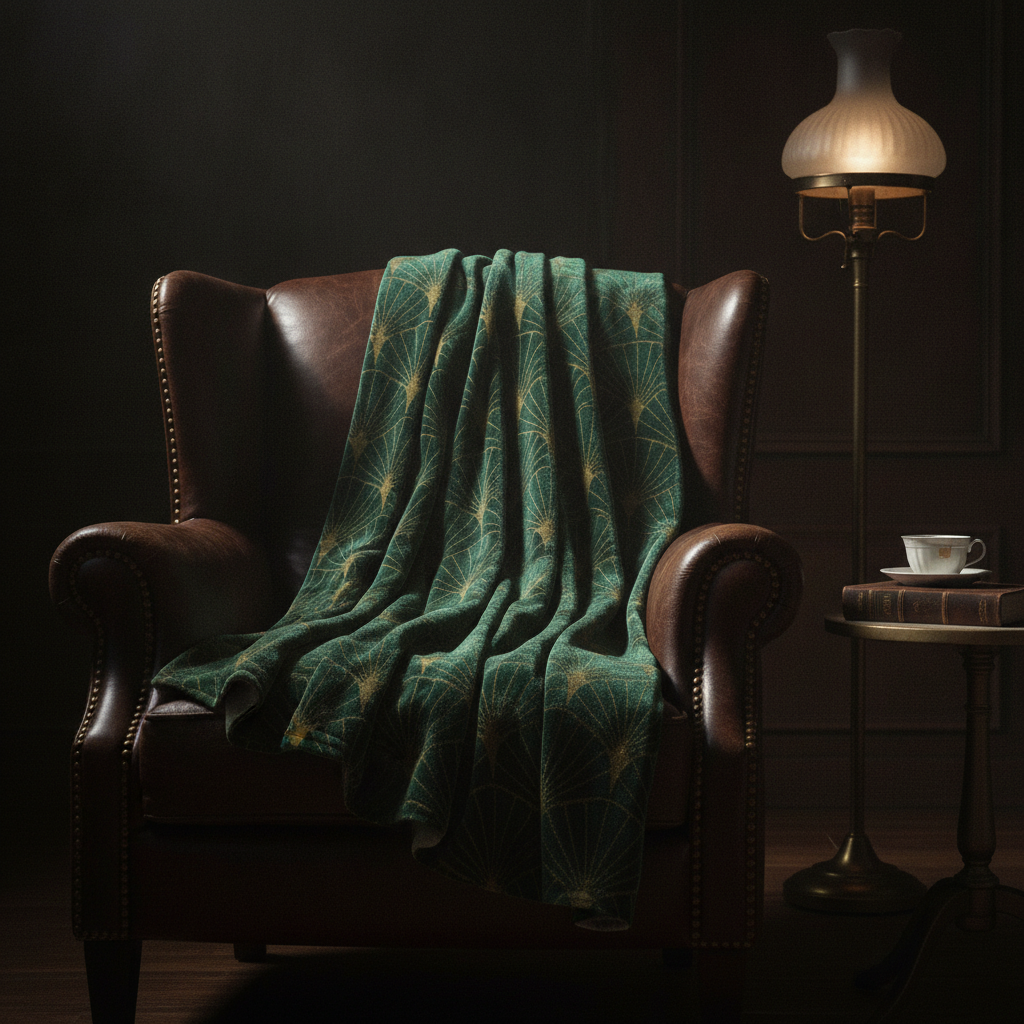 Luxury velvet blanket design from the AI blanket design generator: an art deco fan pattern in emerald green and antique gold, draped over a dark leather armchair