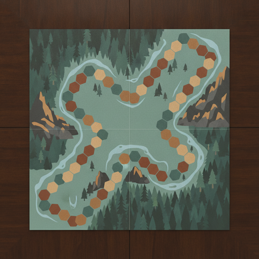AI board game design generator result: an unfolded square quad-fold game board shot straight down on dark wood, with a closed circuit of teal, sand and rust hexagonal spaces winding across a muted pine-forest landscape, and a faint cross of fold lines running straight through the open centre of the board