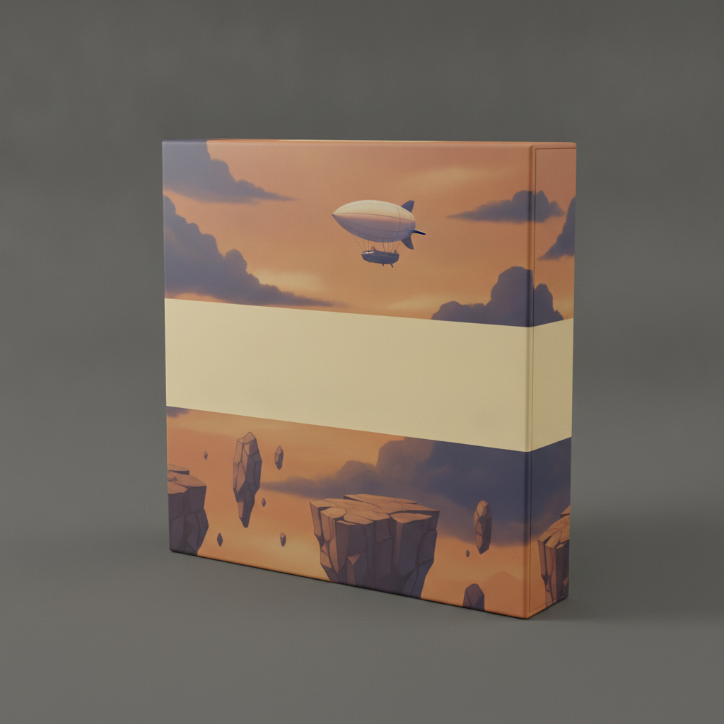 A square board game box standing at a three-quarter angle, its lid showing an airship high in a dusk sky above floating rock islands, with a wide cream band left completely empty across the middle of the lid and wrapping around onto the spine