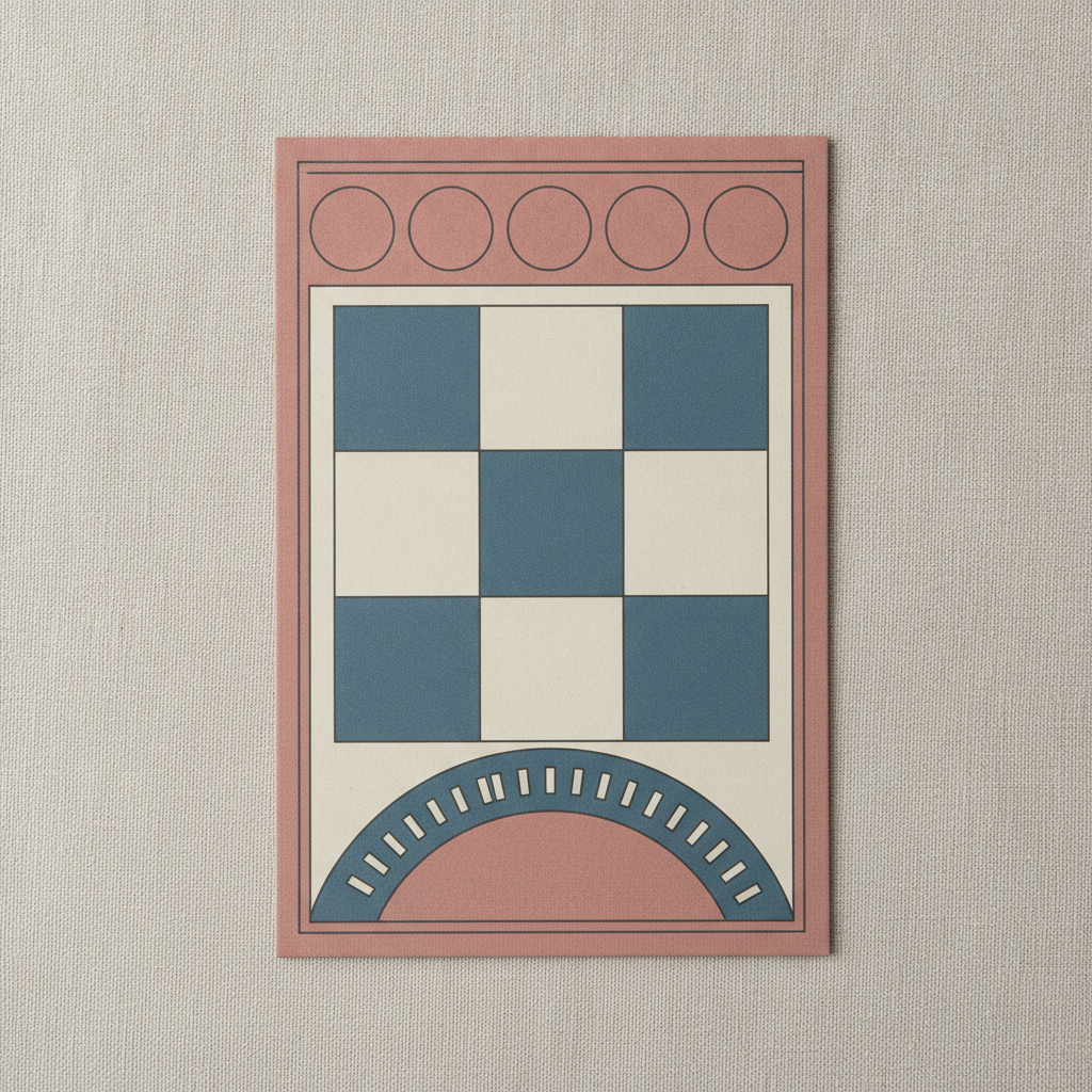 A rectangular cardboard player board seen straight down on linen, divided into a row of five circular slots, a three by three checkerboard of slate blue and cream squares, and a semicircular notched dial along the bottom, with every surface left unmarked