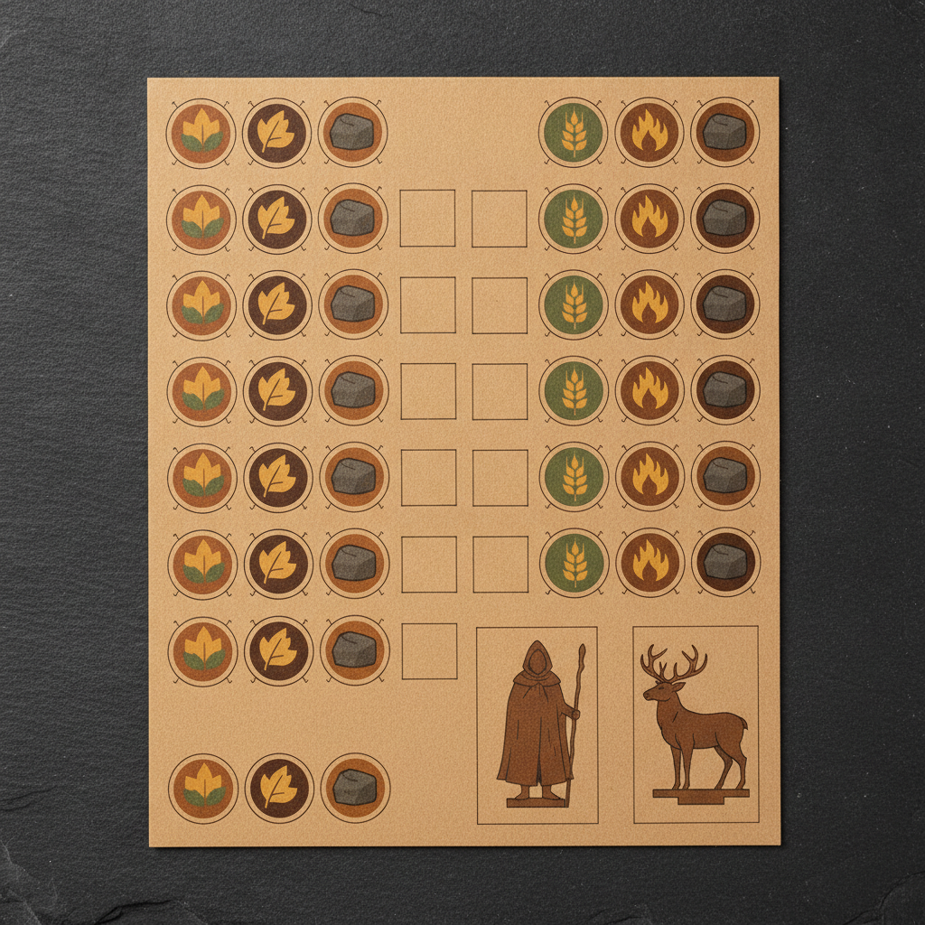 A kraft cardboard punchboard sheet of die-cut game tokens laid out in loose grid rows: round chits carrying leaf, wheat, flame and stone symbols, small square markers, and two rectangular standee figures of a hooded traveller and a stag