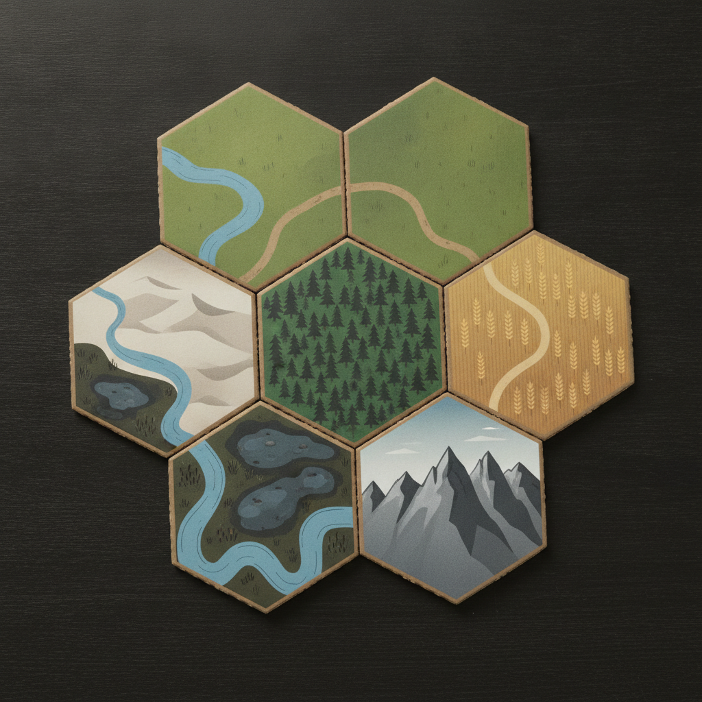 Seven hexagonal terrain tiles arranged into a honeycomb — grassland, forest, wheat field, marsh, dunes and a mountain tile drawn in perspective with sky — where a road continues across one seam but the rivers do not meet at the others