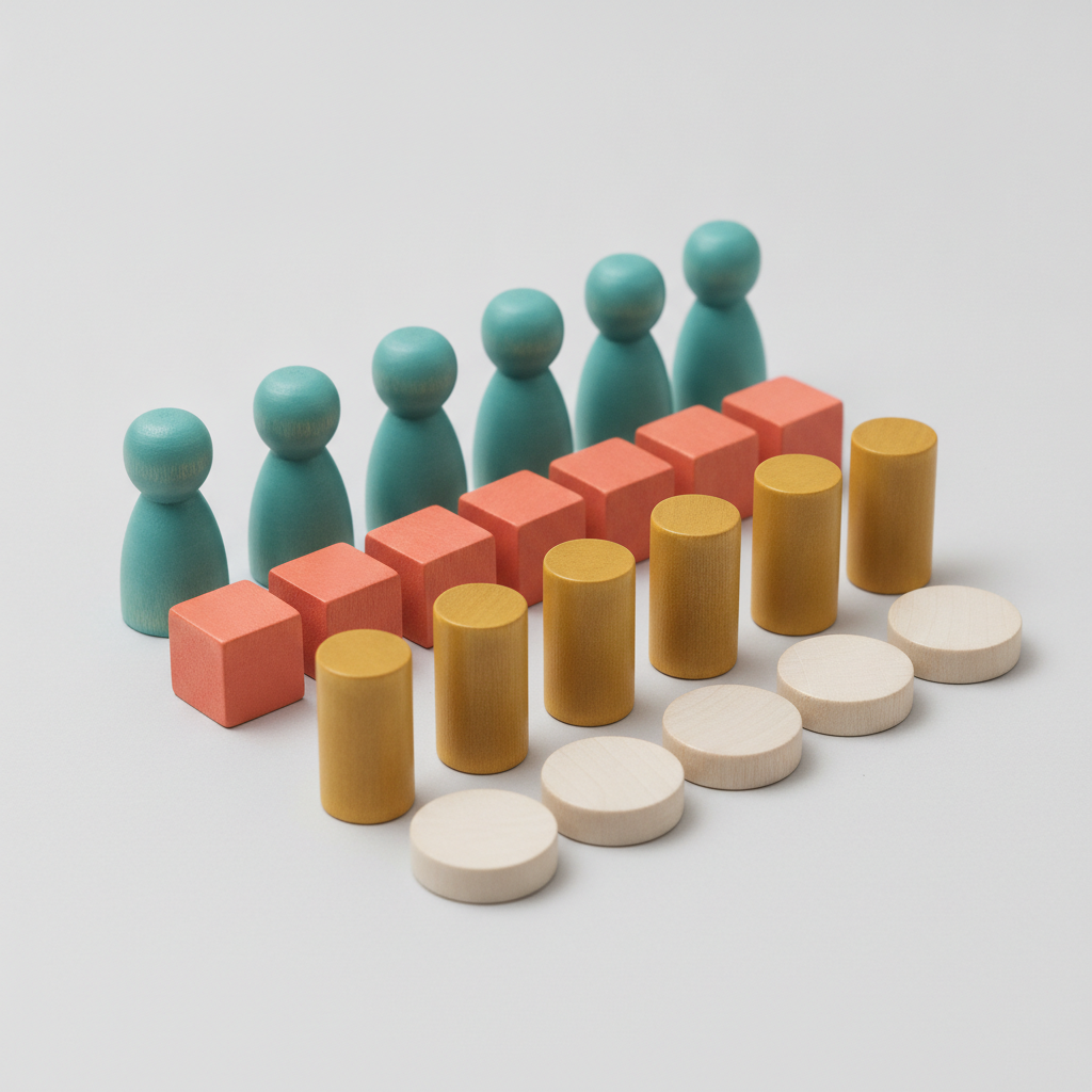 Wooden board game pieces in four rows where each player colour is a different shape: teal humanoid figures, coral cubes, mustard cylinders and off-white discs, every piece a single flat colour with nothing printed on it