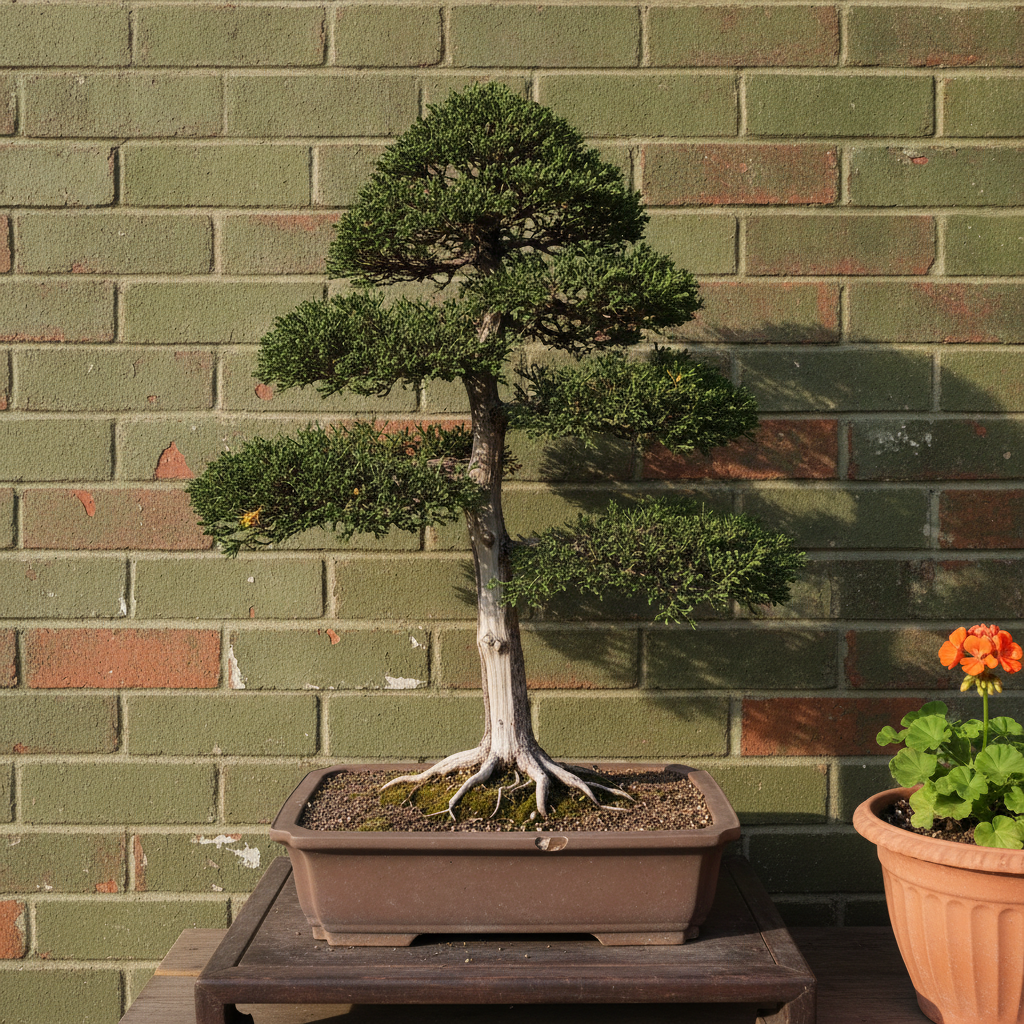 AI bonsai design generator result: a formal upright juniper bonsai with clipped foliage pads and a deadwood strip, in a shallow clay pot on a timber stand