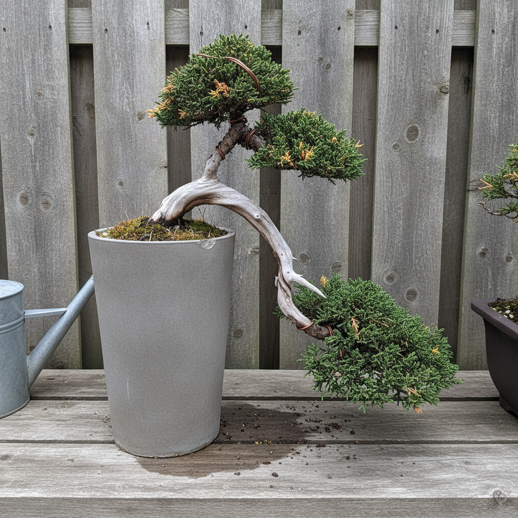 AI bonsai design generator result: a cascade juniper bonsai in a tall grey pot with the trunk falling below the pot foot on a weathered potting bench