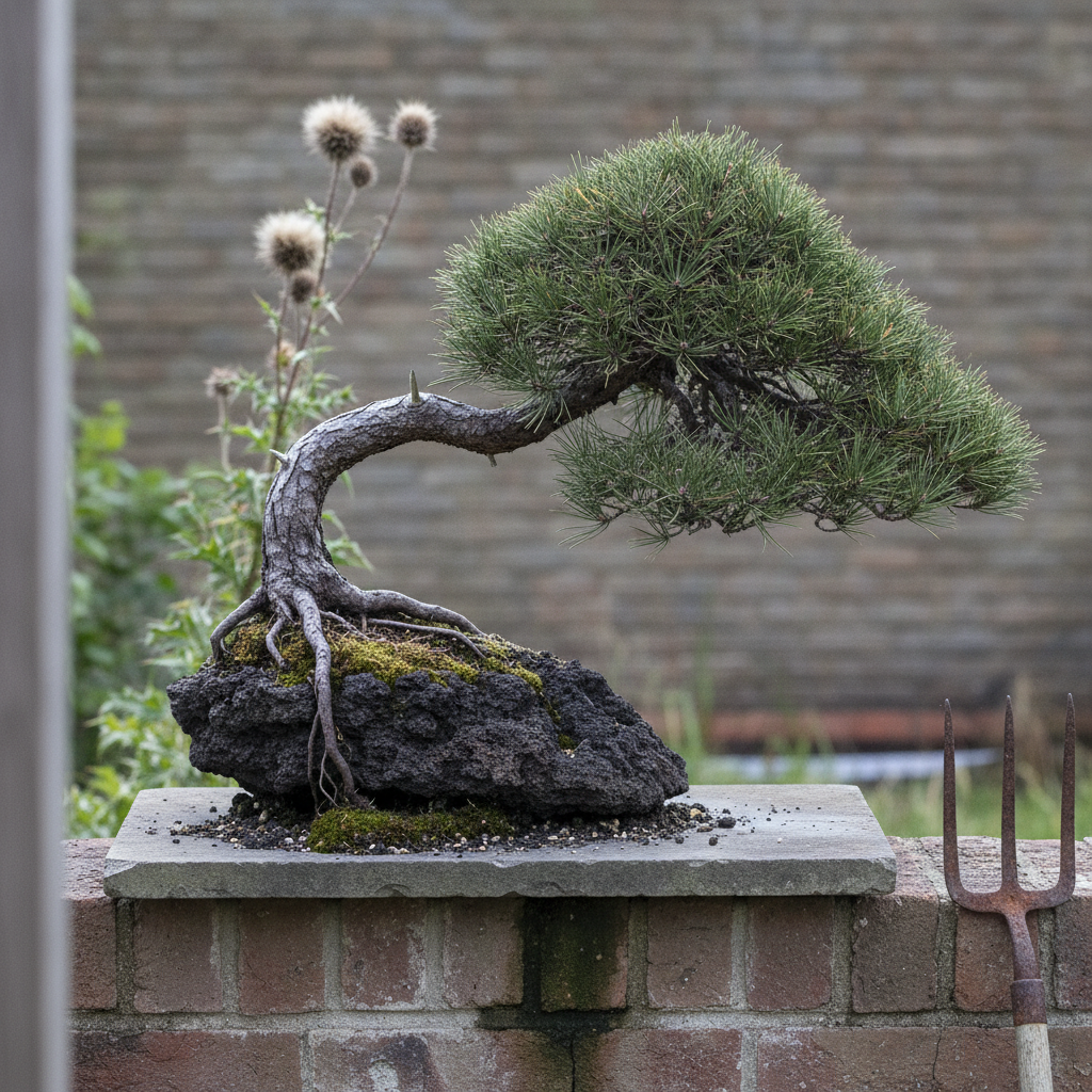 AI bonsai design generator result: a windswept black pine bonsai planted on a dark lava rock with every branch swept to one side