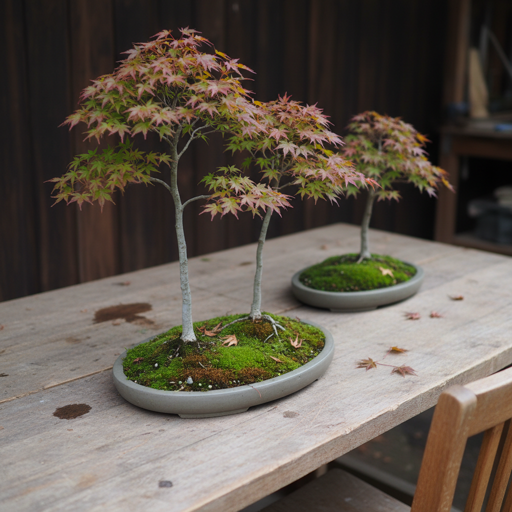 AI bonsai design generator result: a three-trunk Japanese maple forest group planting on a flat oval stone slab with leaves turning red
