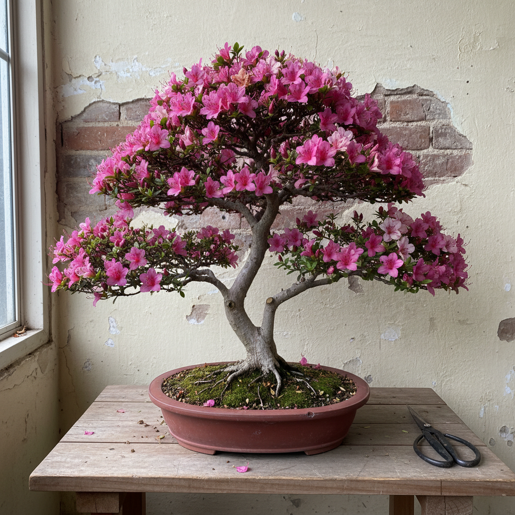 AI bonsai design generator result: an informal upright satsuki azalea bonsai in full deep pink flower in a shallow red clay pot