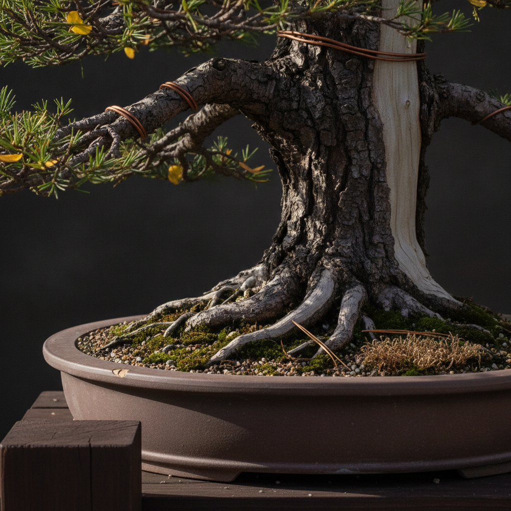 AI bonsai design generator result: an extreme close-up of bonsai bark plates, spreading surface roots and a strip of silvered deadwood