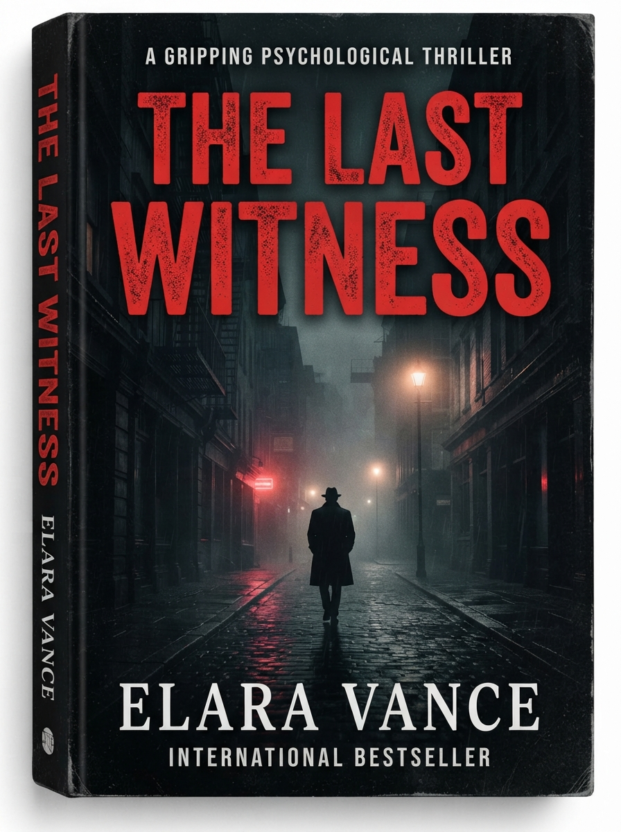 AI book cover generator result showing a moody thriller novel cover with a lone silhouette on a foggy city street and bold red-and-black title text
