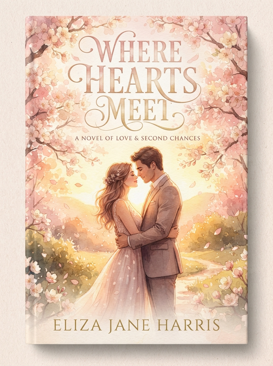 AI book cover generator result showing a romance novel cover with a couple silhouette under blossoming trees, soft watercolor style, and flowing script title