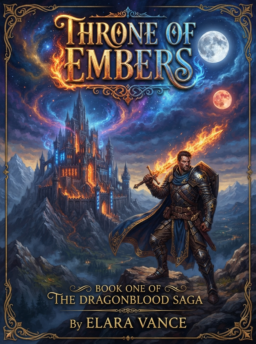 AI book cover generator result showing an epic fantasy novel cover with a mountain castle, a warrior with a flaming sword, and ornate gold title text