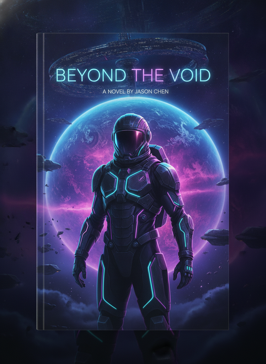 AI book cover generator result showing a science fiction novel cover with an astronaut before a glowing planet, neon cyan lighting, and modern sans-serif title