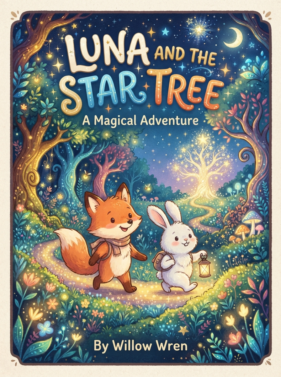 AI book cover generator result showing a whimsical children picture book cover with a cartoon fox and rabbit in a glowing forest and playful hand-lettered title