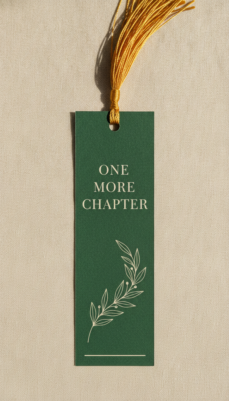 AI bookmark design generator result: a tall narrow forest green cardstock bookmark photographed flat on cream linen, a mustard silk tassel threaded through the punched hole at the top, a short three line message set in cream serif capitals across the top band and a fine-line cream leafy branch filling the length below it