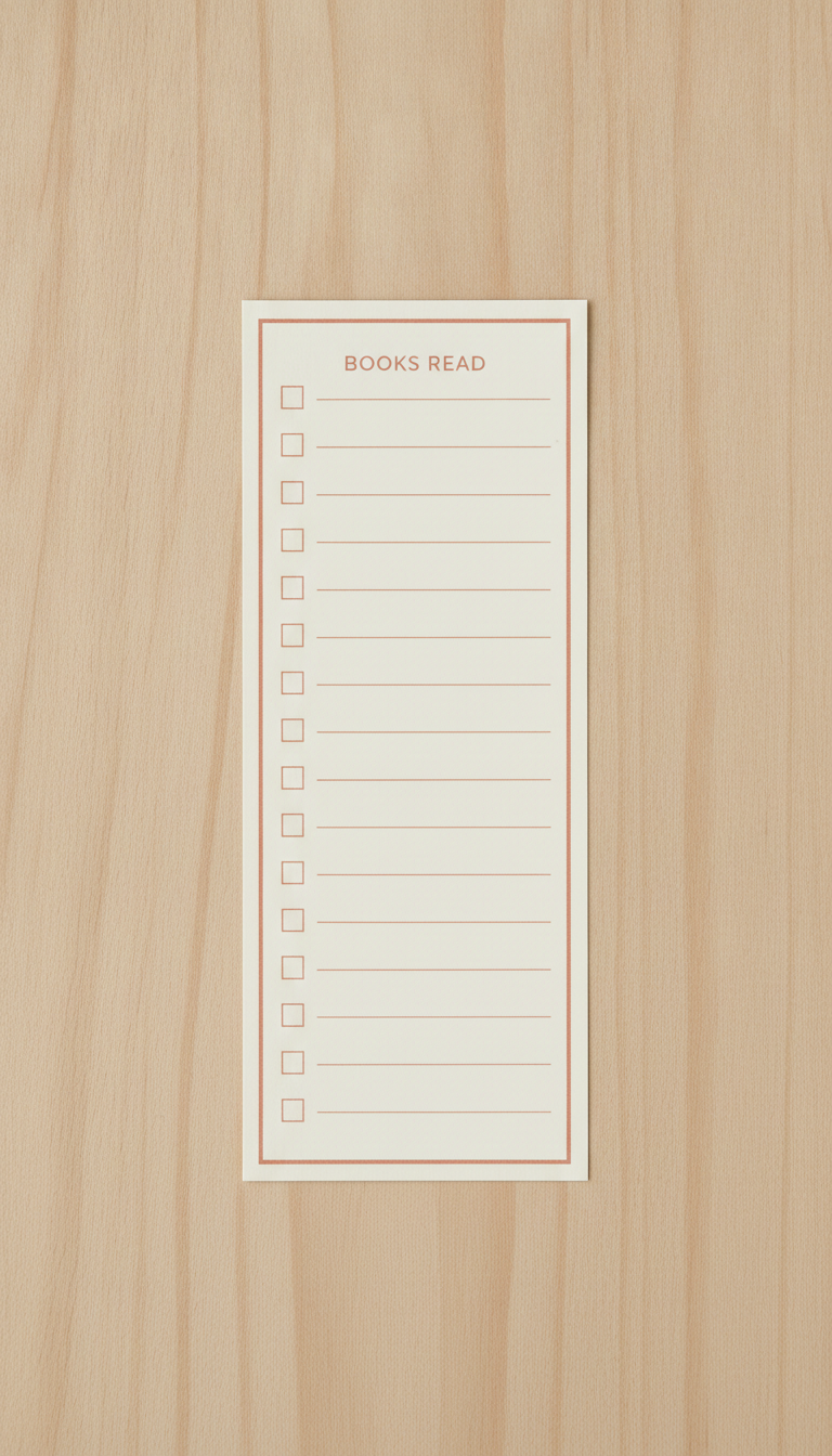 A reading tracker bookmark lying square to the frame on pale oak: an ivory card with a thin terracotta border, a short heading at the top and a long column of empty terracotta checkboxes, each sitting level with its own blank ruled line waiting for a book title to be written in by hand