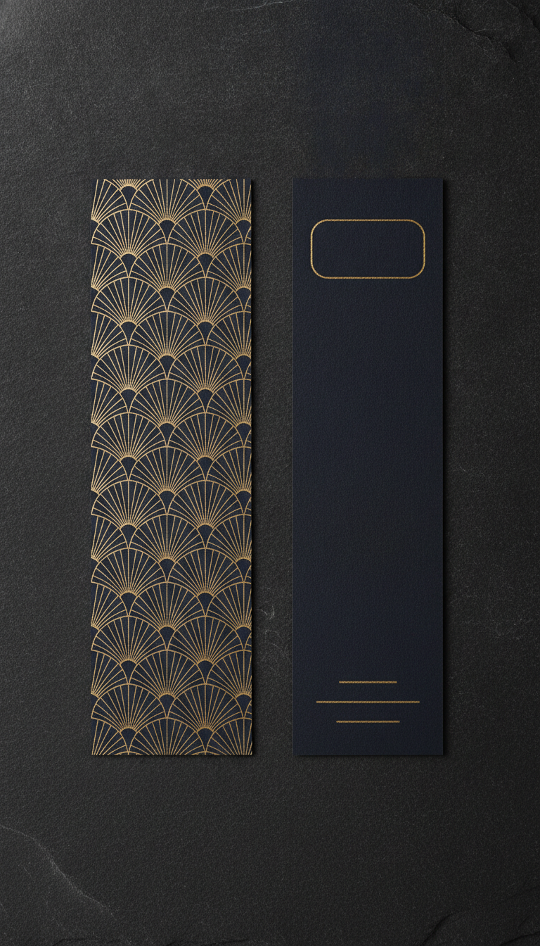 Two midnight navy bookmarks lying side by side on slate, one showing the front with an all-over art deco pattern of fanned gold arcs and the other showing the reverse left deliberately empty apart from a blank gold-outlined rectangle and three bare rules where a shop stamp and details would be added after printing