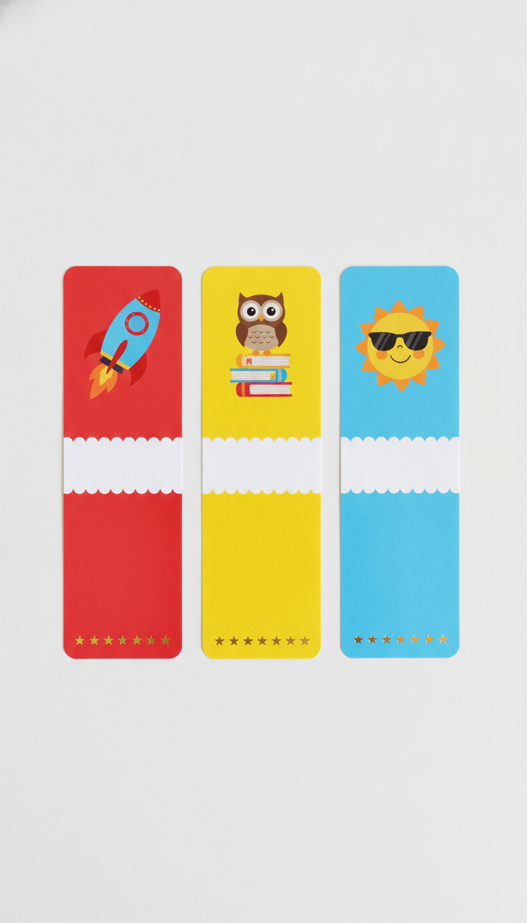 Three bright glossy classroom reward bookmarks in a row on white — tomato red with a smiling rocket, sunny yellow with an owl on a stack of books and sky blue with a sun in sunglasses — each carrying an empty white scalloped ribbon banner across the middle for a pupil name and a row of gold stars along the bottom