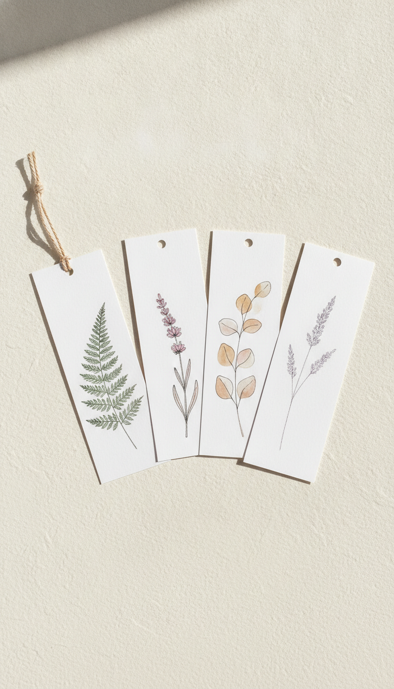 Four minimalist botanical bookmarks fanned across warm-white plaster in raking sunlight, each on heavy uncoated white card carrying a single fine watercolour study — a sage fern frond, dusty pink lavender, ochre eucalyptus and a pale wild grass seedhead — floating in wide blank margins, with punched holes at the top of three of them and a jute cord looped over the fourth