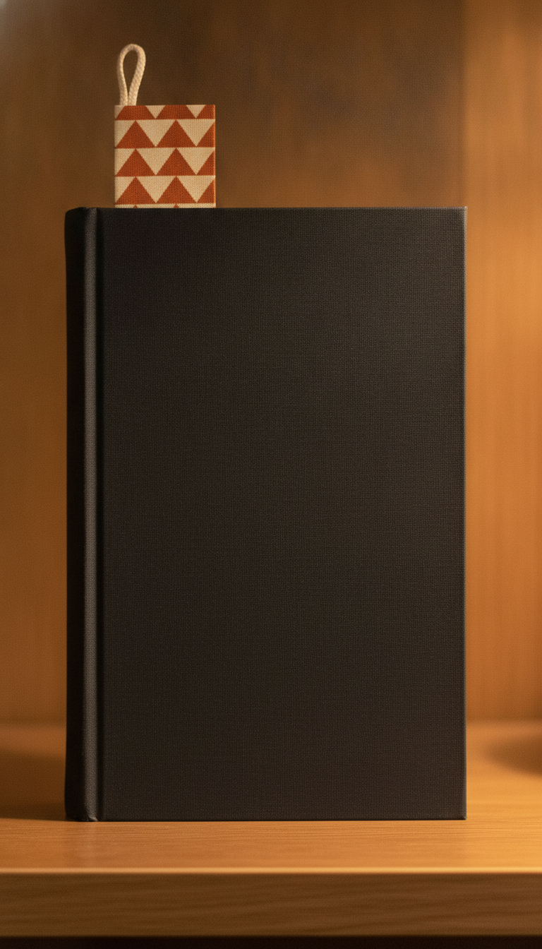 A closed charcoal cloth hardback standing on a shelf in warm lamp light with a bookmark pushed deep between the pages, so the only part of the whole design still visible is a short tab above the page block — a bold burnt orange and cream triangle pattern with a cream cotton loop at its tip — while the bare front cover takes up the rest of the frame