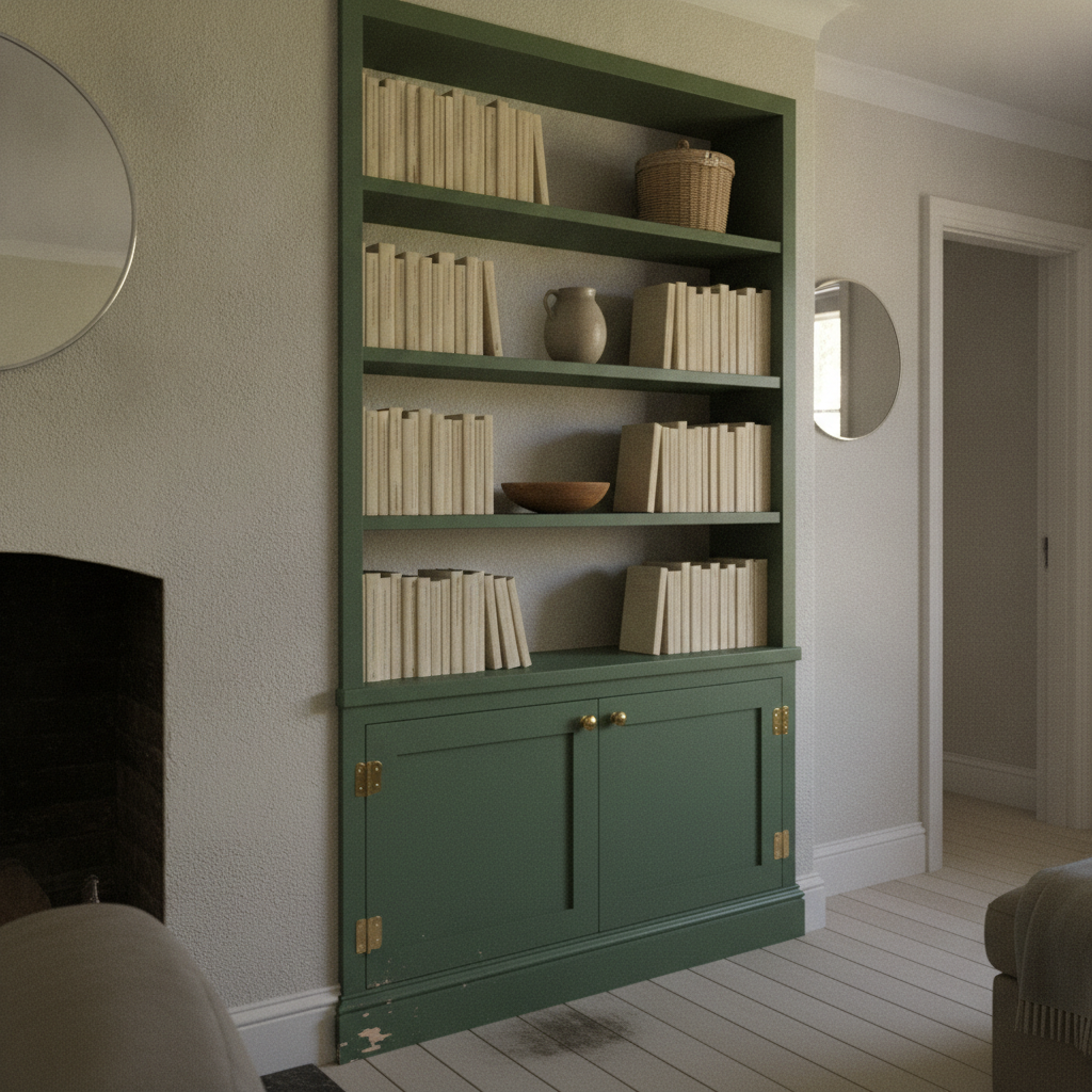 AI bookshelf design generator result: a deep green floor-to-ceiling built-in bookcase filling the alcove beside a chimney breast, two cupboard doors on brass butt hinges below, open shelves above holding books stood spine-inward with only their page edges showing, and the plinth chipped through to bare timber at its front corner.