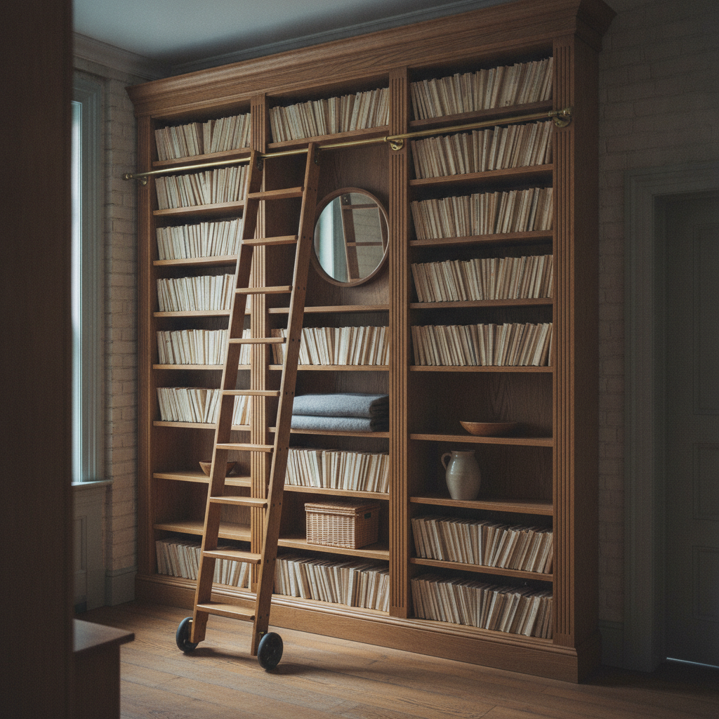 AI bookshelf design generator result: a tall oak library wall running plinth to cornice in a home study, a sliding ladder hung at the top on hooked brass brackets over a brass rail and standing on two rubber-tyred wheels at the floor, every shelf packed with books turned page edges outward.