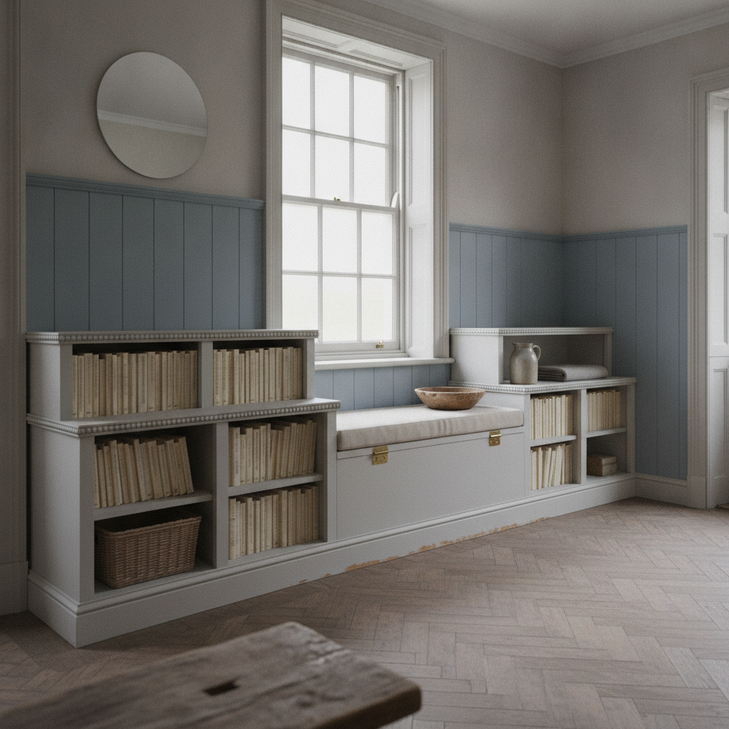 AI bookshelf design generator result: a low run of pale grey built-in bookshelves either side of a padded window seat under a tall sash window, beaded moulding pinned along every shelf front, books stood spine-inward, and a rough timber table cut by the bottom edge of the frame.