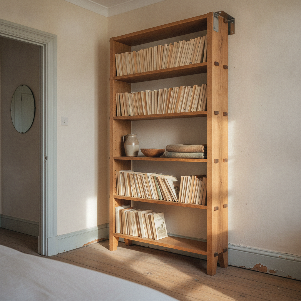 AI bookshelf design generator result: a tall freestanding oak bookshelf in a bedroom, each shelf housed into the uprights on a through tenon with two dark wedges driven into the end grain, a bright steel L bracket screwed down onto its top and into the wall behind, late afternoon sun across the floorboards.