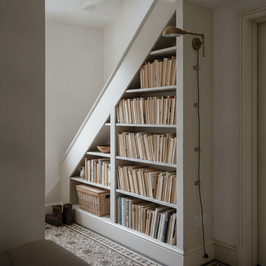 AI bookshelf design generator result: white painted bookshelves built into the triangular space under a staircase in a narrow hallway, each shelf stepping down under the rake of the stairs, a brass picture light on the tallest upright with its flex clipped down the face in saddle clips, encaustic tiles on the floor.