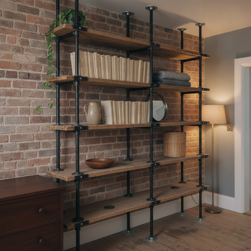 AI bookshelf design generator result: reclaimed scaffold boards carried on a grid of black threaded pipe against a bare brick wall, each upright flanged into the ceiling above and the floorboards below, every board bolted down onto its pipe tee with the nut and washer showing on the top face.