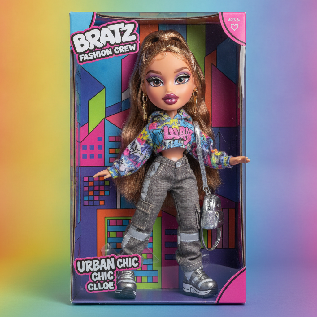AI Bratz generator result showing a woman turned into a glossy Bratz fashion doll with big expressive eyes and glossy lips posed inside a colorful toy box
