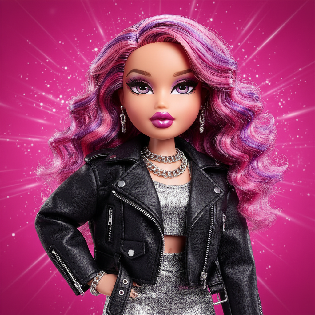 AI Bratz generator result showing a person as an edgy Bratz doll in a leather jacket against a hot pink and purple studio backdrop with sparkles