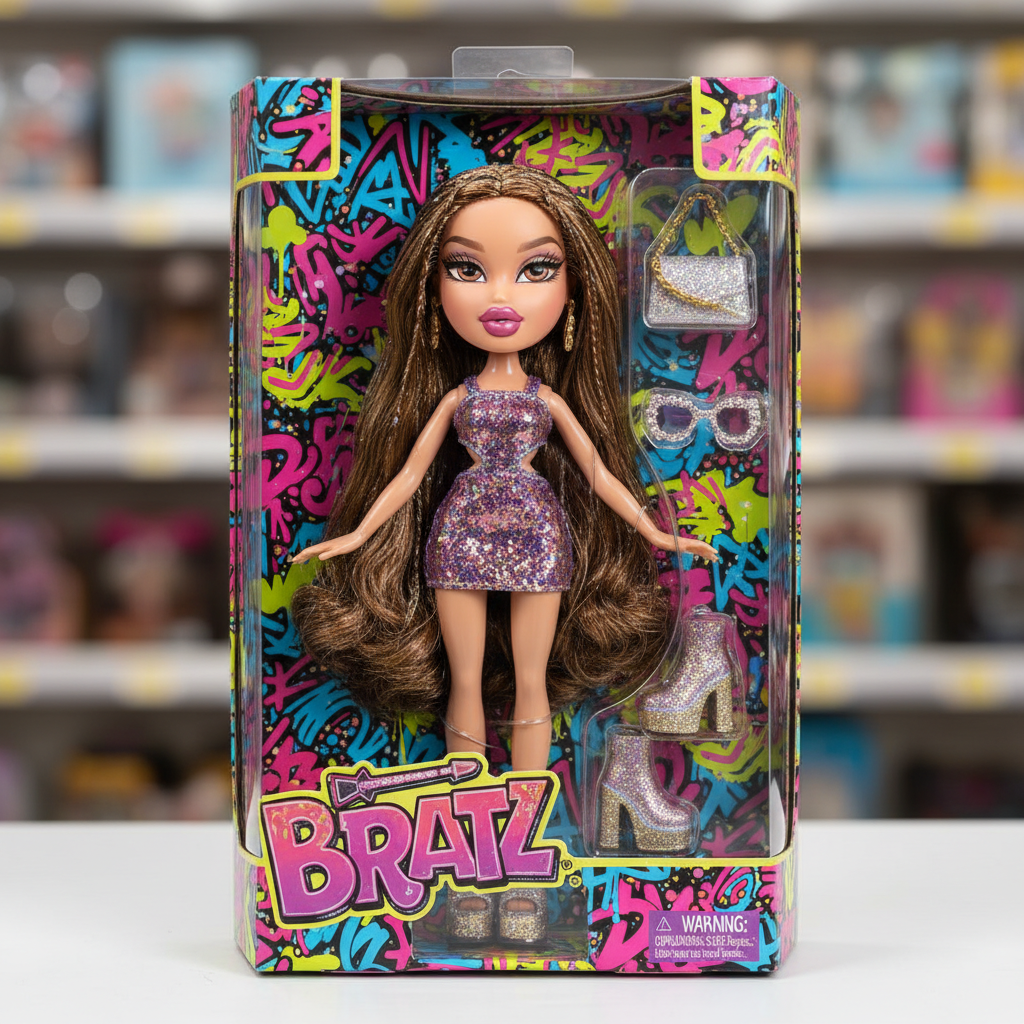 AI Bratz generator result showing a glam Bratz doll inside a clear blister-pack collector box with tiny handbag, sunglasses, and shoe accessories