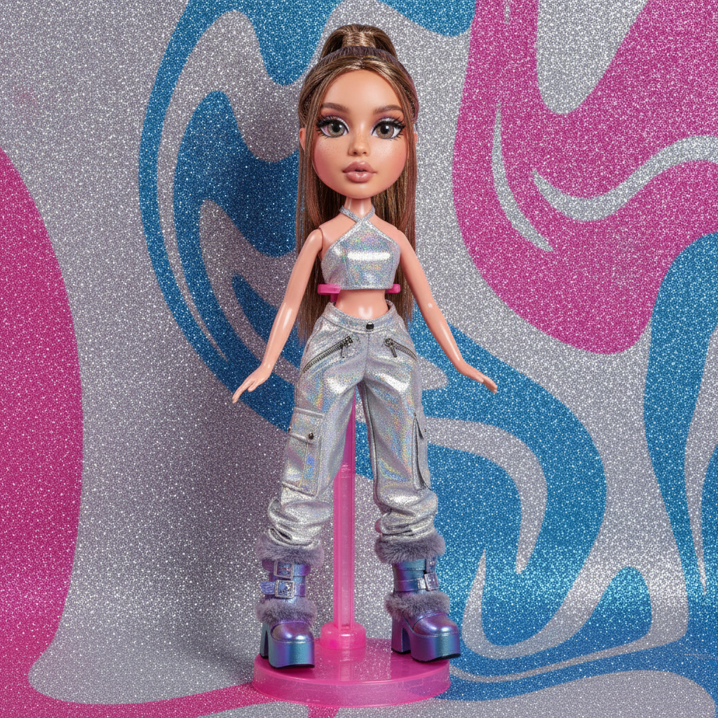 AI Bratz generator result showing a Y2K Bratz fashion doll in a sparkly metallic outfit and chunky platform boots against a glittery blue and pink backdrop