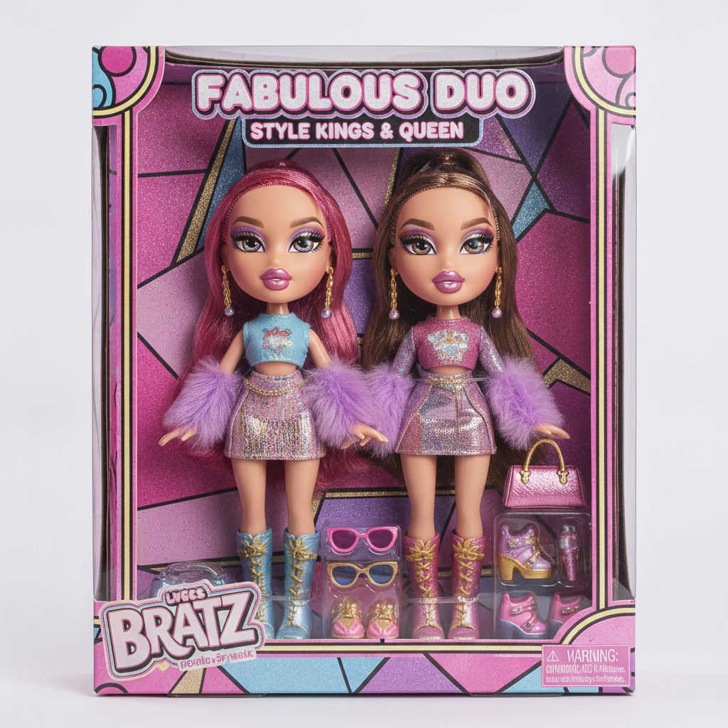 AI Bratz generator result showing a couple turned into matching Bratz fashion dolls inside a deluxe colorful gift box set