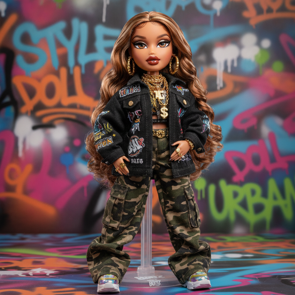 AI Bratz generator result showing a streetwear Bratz doll in baggy urban clothing and gold jewelry against a graffiti-style colorful backdrop