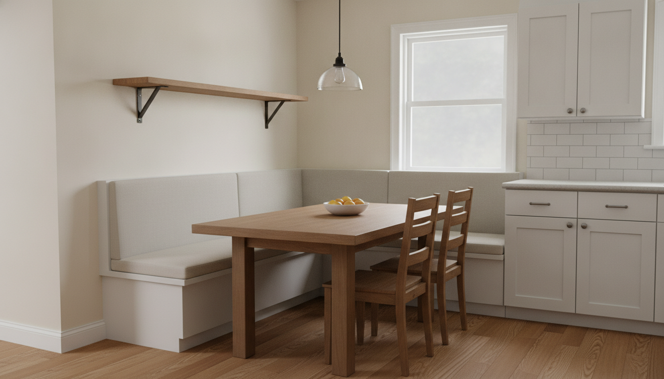 AI breakfast nook design generator result: a built in corner banquette at the end of a kitchen, with an L shaped upholstered bench running along two walls, a rectangular oak table, two ladder back wooden chairs, a bracketed oak shelf on the wall and a glass pendant above. The built in reads correctly, which is the main thing this preset was testing: the bench is a solid painted box that meets the floor along a continuous plinth, there are no legs and no daylight under it, and the back is scribed tight to the wall with no skirting showing behind the cushion. The shelf above it is carried by two black brackets visibly screwed into the wall, which is the second page running where brackets have actually been drawn. Two things drifted. The nook was asked in plain words to be cramped, with only eighteen inches of clear floor between the table and the cabinets and the table overhanging the bench by two inches, and it came back roomy enough to walk right around. And the two chairs were asked to stand one on each open side of the table, but both arrived side by side on the same side.