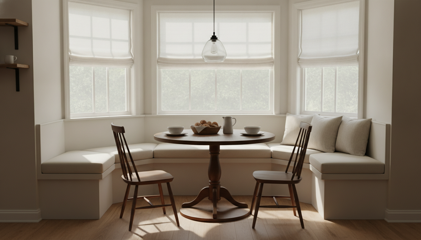 AI breakfast nook design generator result: a bay window breakfast nook with a continuous upholstered window seat following all three faces of the bay, a round pedestal table on a turned column, two spindle back chairs, roman blinds in each window reveal and painted panelling below the sill. The instruction that landed here is the one about light. The prompt named the surfaces the shadow had to fall on, and the window frames throw sharp angled bars of shadow across the seat cushions and across the floor, which is a direct reversal of the shade sail on the balcony page that cast no shadow at all. The asymmetry instruction also landed in the one place it was asked for: the scatter cushions are gathered at the right hand end and the left hand end of the seat is deliberately bare. Everything else about the frame is near perfectly mirrored, left bench and right bench identical, and the three roman blinds asked to hang at three different heights returned with the two outer ones matching.
