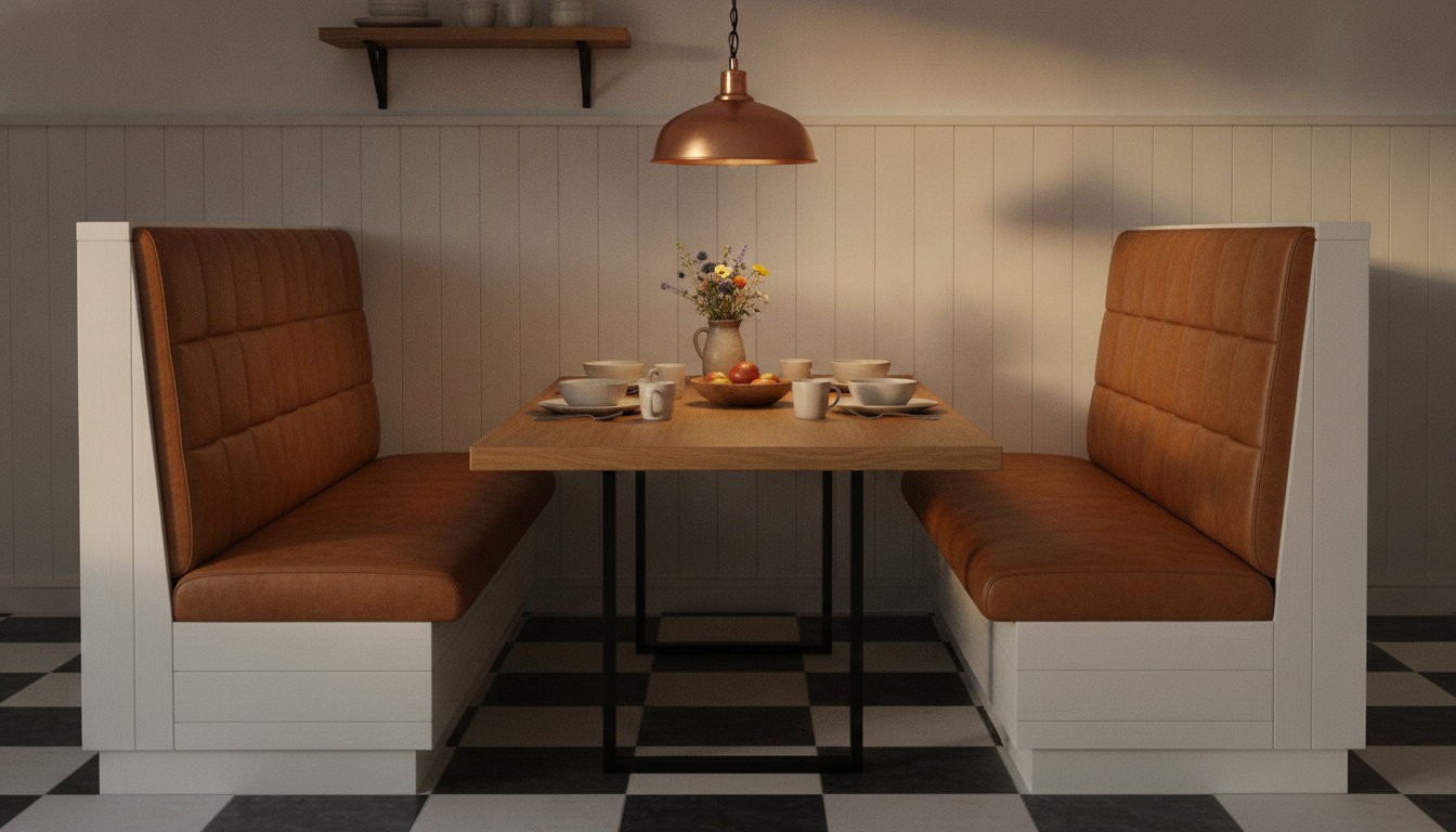 AI breakfast nook design generator result: a diner style breakfast booth with two facing benches in tan channel stitched leather, tall padded backs, white painted bases, an oak table on a black metal frame, a chequerboard floor, tongue and groove panelling and a copper pendant. This is the frame where the defining feature quietly disappeared. The prompt asked for a booth built into a kitchen wall, and the bench boxes are described down to the toe kick, but what came back is two free standing pieces of furniture facing each other in the middle of a room, with neither back panel touching a wall and nothing fixing either bench to anything. A booth that is not built in is just two settles and a table. The lighting is the win: a clear pool on the table top and a real cast shadow of the pendant shade thrown up the wall on the right. The table legs asked to be bolted to the floor simply rest on it, and the deep buttoned upholstery came back as vertical channel stitching.