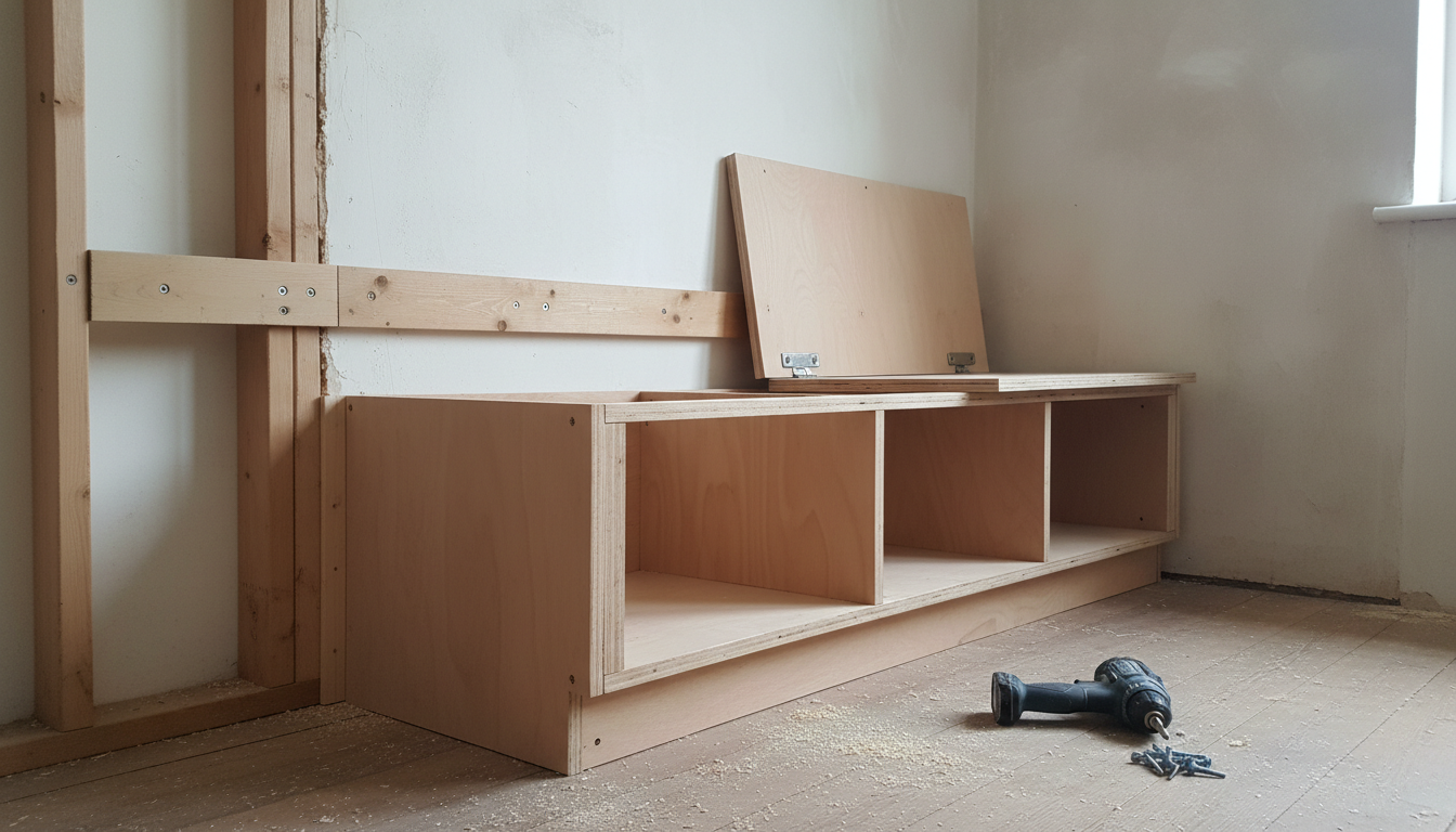 AI breakfast nook design generator result: a low angle construction photograph of a breakfast nook banquette part built against an open stud wall, showing a plywood carcass with three storage compartments, one hinged seat lid propped open on two visible piano hinges, a timber cleat screwed to the studs, a cordless drill and loose screws on a sawdust covered floor. This is the most useful frame on the page and it exists only because the preset made the carcass the subject and banned every cushion, table and finished surface from the frame. The compartment count landed exactly at three, the hinges are genuinely screwed along the back edge of the lid, and the screws through the cleat into each stud are individually drawn. The failure is the one that keeps recurring in this series: the cleat is the piece that is supposed to carry the back of the seat, and it runs along the wall several inches above the plywood box without touching it, so the one structural connection in the picture connects to nothing. The recessed toe kick and the scribe filler at the wall are both missing.
