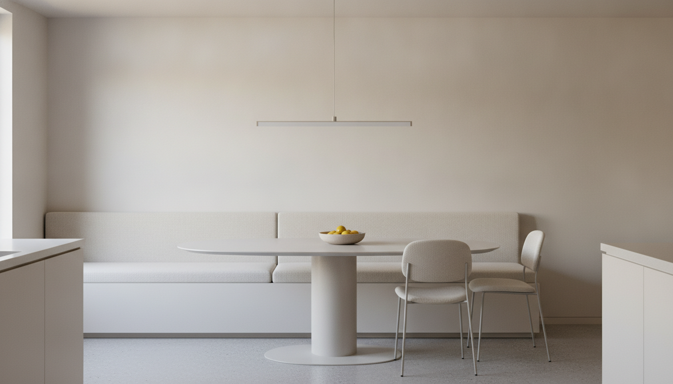 AI breakfast nook design generator result: a minimalist breakfast nook in an open plan kitchen, with a long built in bench in pale upholstery running the full width of a bare off white wall, an oval table on a single cylindrical column, two soft upholstered chairs on slim legs, a linear pendant and a polished microcement floor. This is the only frame in the set that fully obeyed the asymmetry instruction, with the table and chairs grouped at the right hand end and the whole left half of the bench deliberately left empty, and as on the balcony page it is by a distance the most convincing composition of the six. The bench is properly built in, a solid box scribed to the wall with a shadow gap at the floor and no legs anywhere. Two things went wrong quietly. The linear pendant was asked to hang above the table and hangs well to the left of it, lighting an empty stretch of bench, and the second chair has drifted off the end of the table so only one of the two is actually at a place setting.
