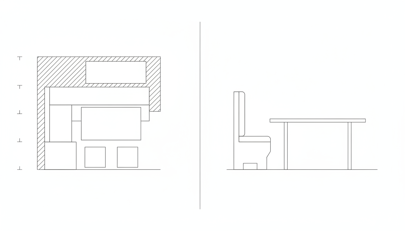 AI breakfast nook design generator result: a flat black line drawing with a corner nook floor plan on the left and a bench and table elevation on the right, showing hatched walls, an L shaped banquette outline, a rectangular table, two squares for chairs and a run of height ticks. Three instructions landed cleanly. There is no circle, no ellipse and no closed loop anywhere in the sheet, the table in the elevation stands on exactly the two legs it was asked for, and the toe kick was drawn as a real notch cut out of the bottom front corner of the bench, which is the detail that separates a built in from a box. Three drifted. The two chair squares were asked to sit one on each open side of the table and are both on the same side, exactly as they were in the first photograph. The window asked for as a break in the wall hatch came back as a closed rectangle floating inside it. And the floor line runs well past the outermost table leg, which is now the seventh page in this series where the ground line has overshot no matter how the instruction is phrased.
