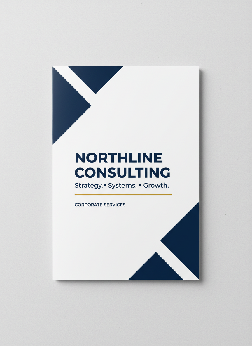 AI brochure generator result: a navy and white corporate tri-fold brochure cover with a large sans-serif company name, a short tagline, geometric accent shapes and a thin gold rule