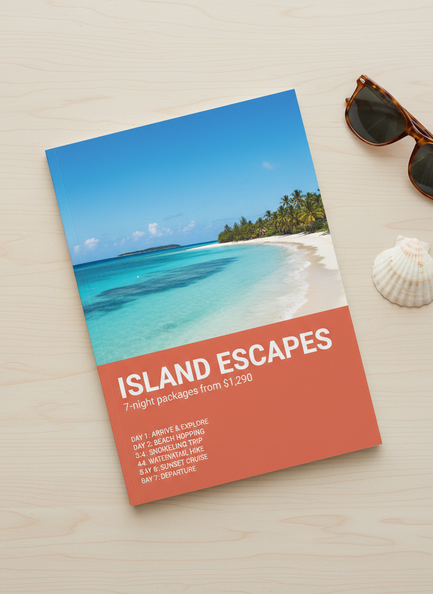 Travel brochure cover designed by AI: a turquoise ocean photograph above a coral colour block with a bold headline, package pricing line and a short numbered itinerary list