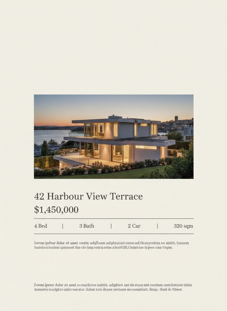 Real estate listing brochure made with the AI brochure generator: a photograph of a modern home at dusk above a serif address headline, price line and a row of bed, bath, car and floor area specs