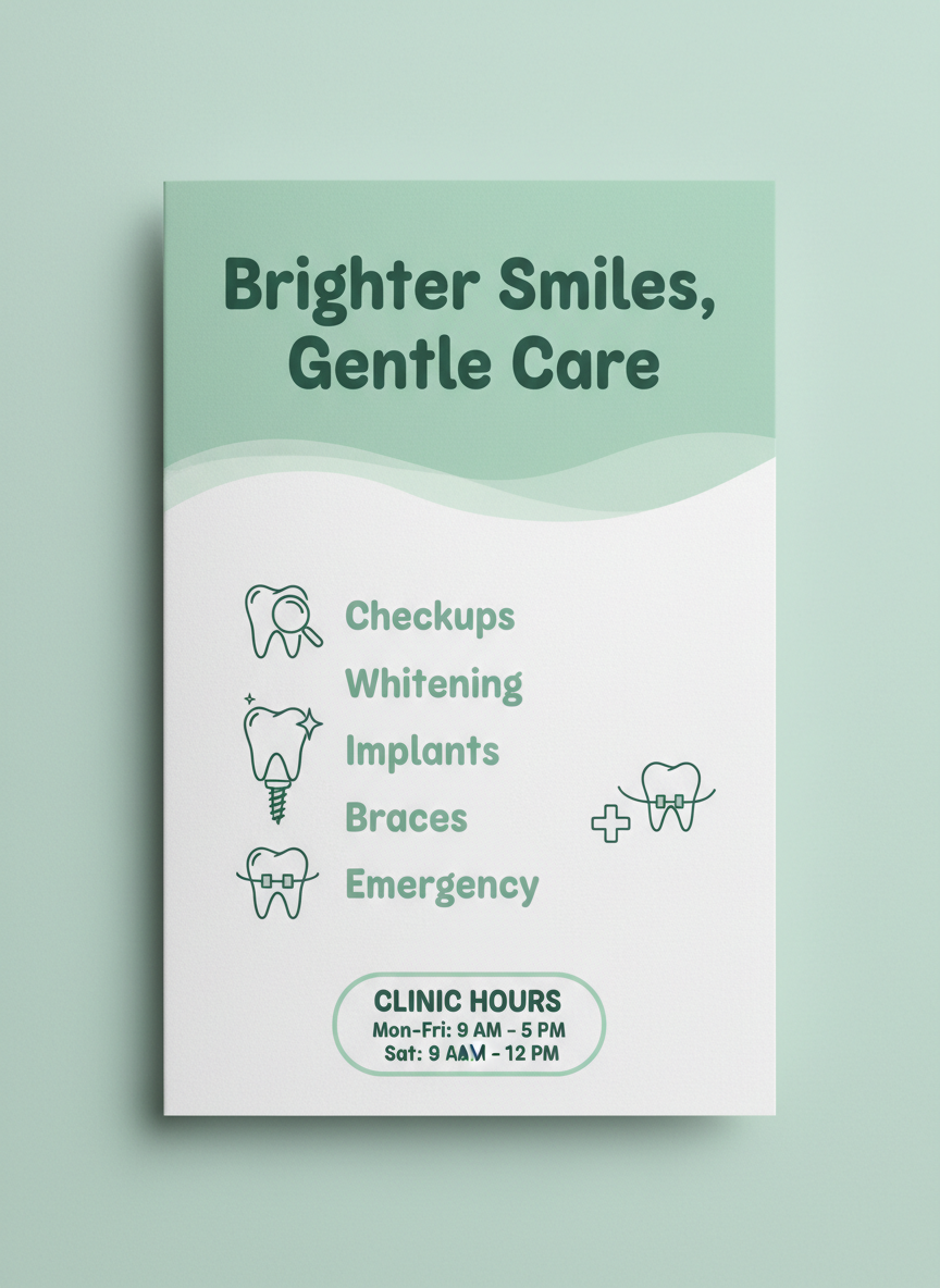 Dental clinic brochure panel generated by AI: a mint and white layout with a friendly rounded headline, five services listed with line icons and a small opening hours block
