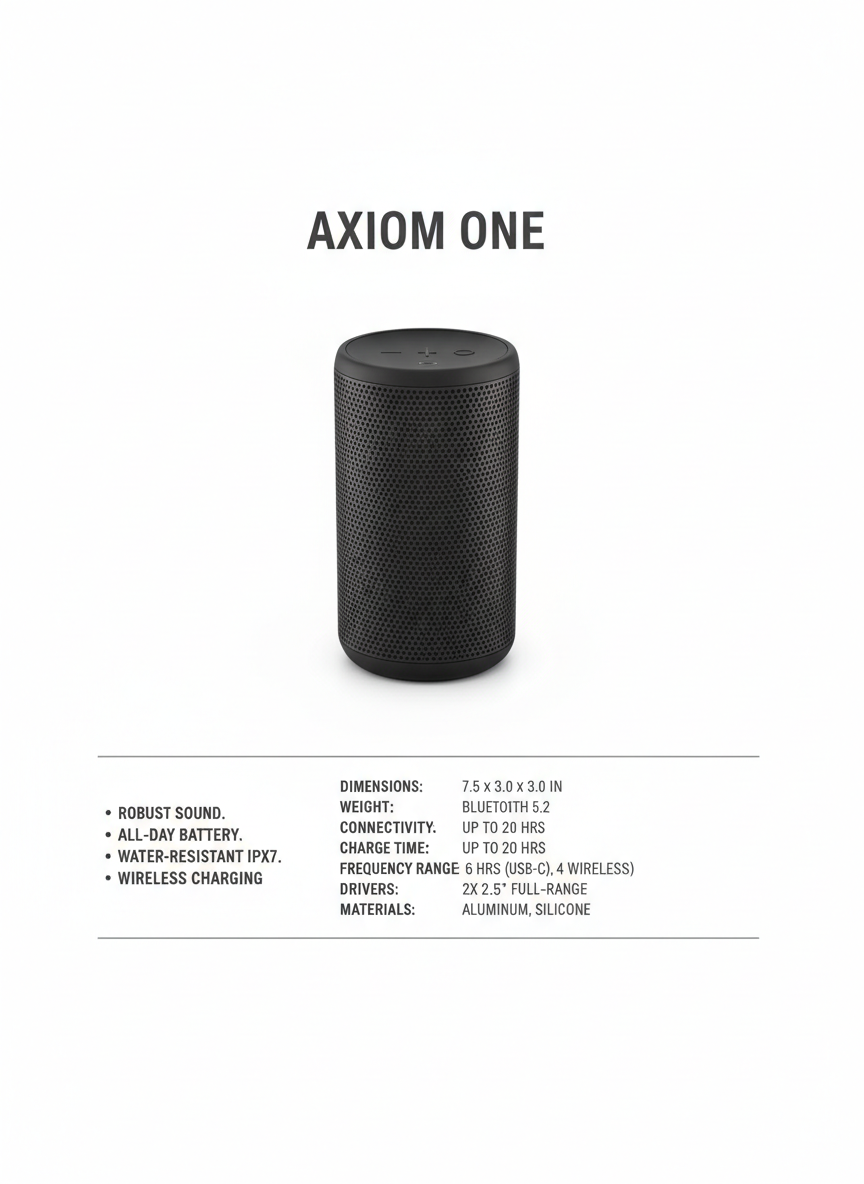 Product spec sheet brochure panel created by AI: a minimal white layout with a centred speaker render, bold product name, four feature bullets and a two-column specification table