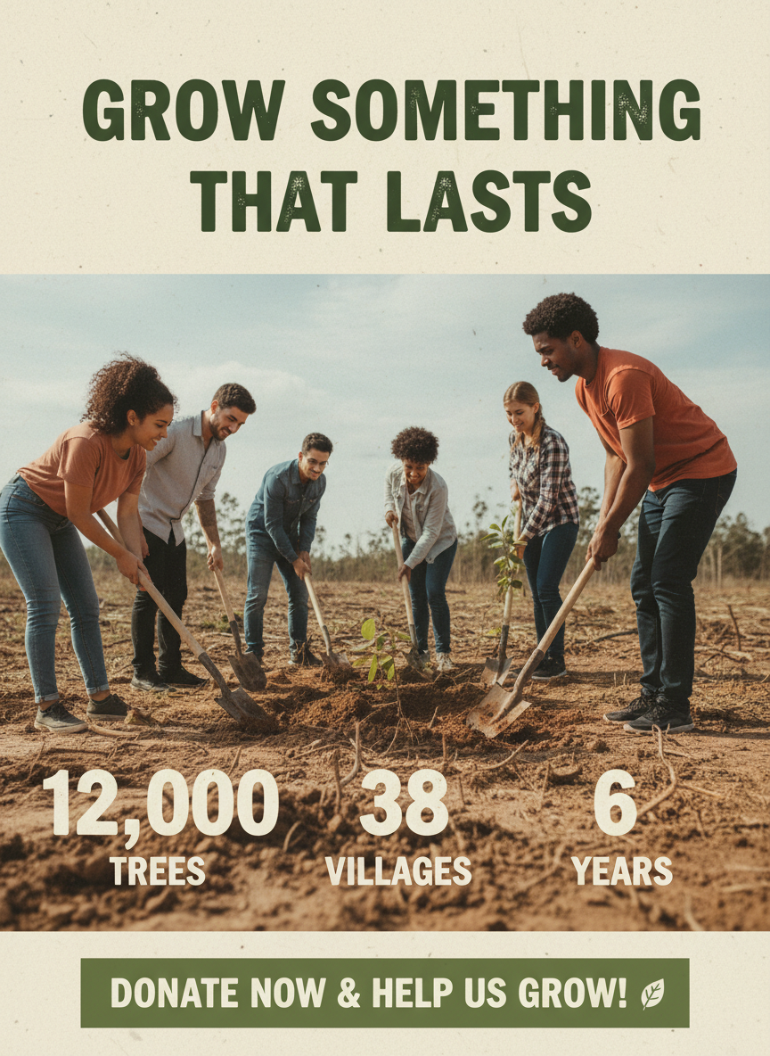 Nonprofit fundraising brochure cover from the AI brochure generator: an earthy sand and forest green design with a volunteer photograph, headline, three large impact statistics and a donate bar
