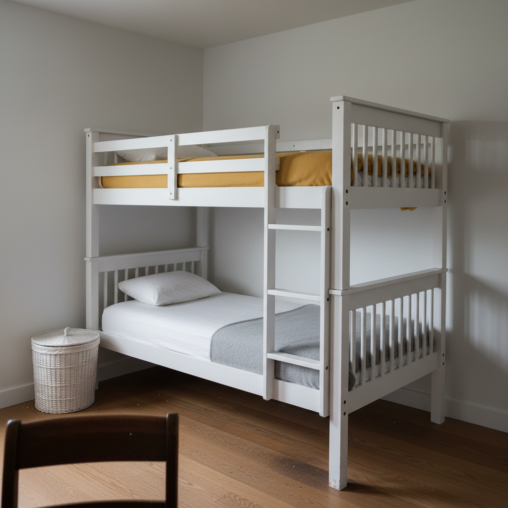 AI bunk bed design generator result: a white painted twin-over-twin bunk bed with spindle head and foot ends, black bolt heads showing where the side rails are housed into the posts, a guard rail screwed to the top bunk and a fixed three-tread ladder, with a lidded wicker basket beside it on oak floorboards.